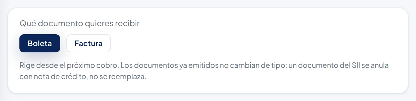 Qué documento quieres recibir: botones Boleta y Factura.