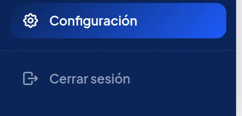 Final del menú azul: Configuración y, abajo, Cerrar sesión.