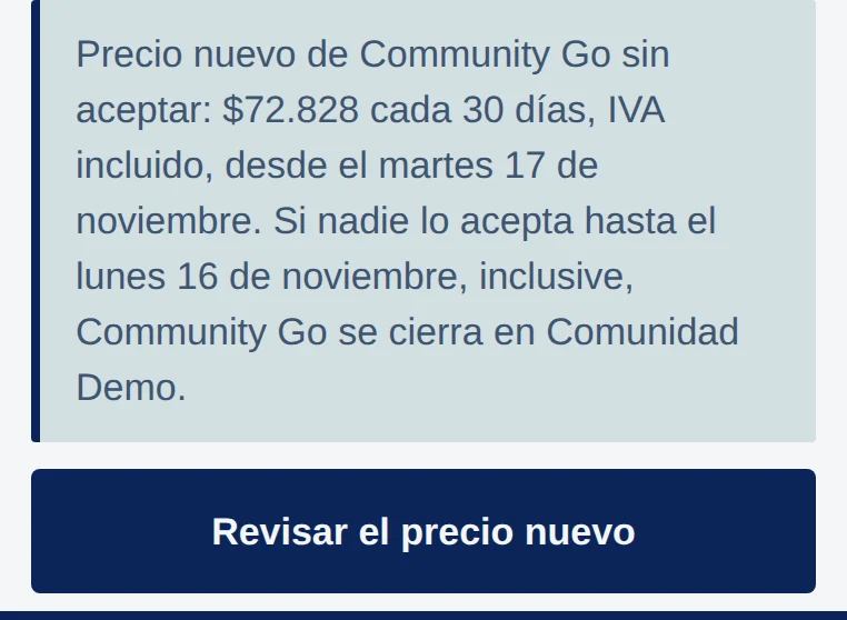 Aviso en Cobranza: Precio nuevo de Community Go sin aceptar: $72.828 cada 30 días, IVA incluido, desde el martes 17 de noviembre… y el botón Revisar el precio nuevo.