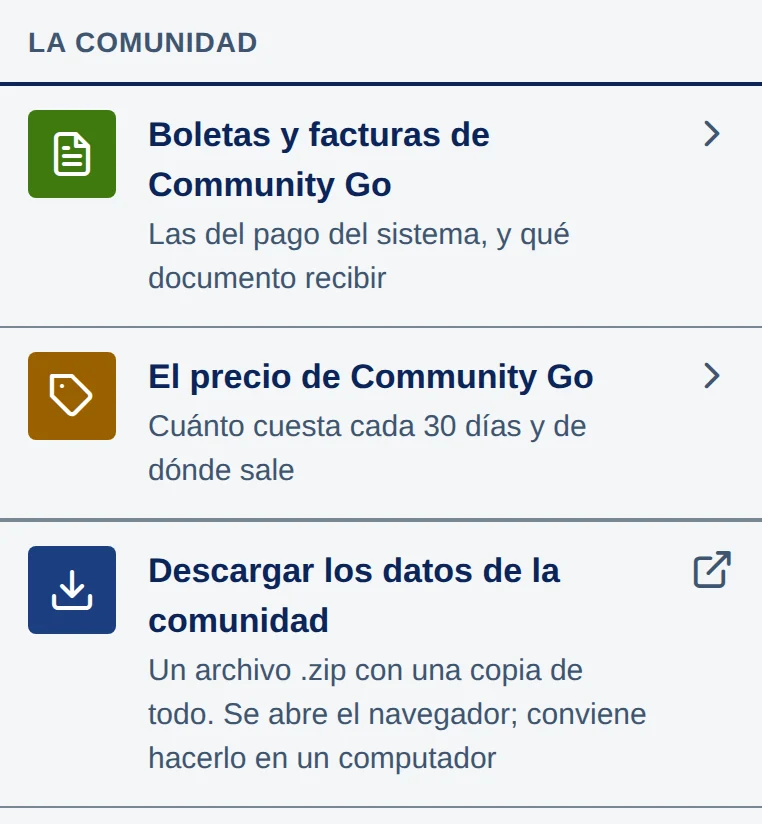 Pestaña Cuenta, sección La comunidad: Boletas y facturas de Community Go, El precio de Community Go y Descargar los datos de la comunidad.