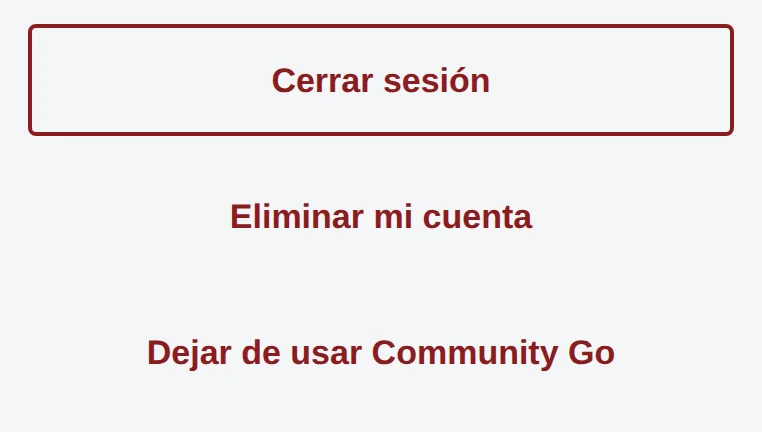 Final de la pestaña Cuenta: Cerrar sesión, Eliminar mi cuenta y Dejar de usar Community Go.