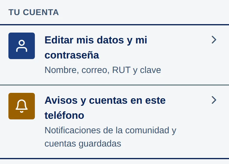 Pestaña Cuenta, sección Tu cuenta: Editar mis datos y mi contraseña, y Avisos y cuentas en este teléfono.