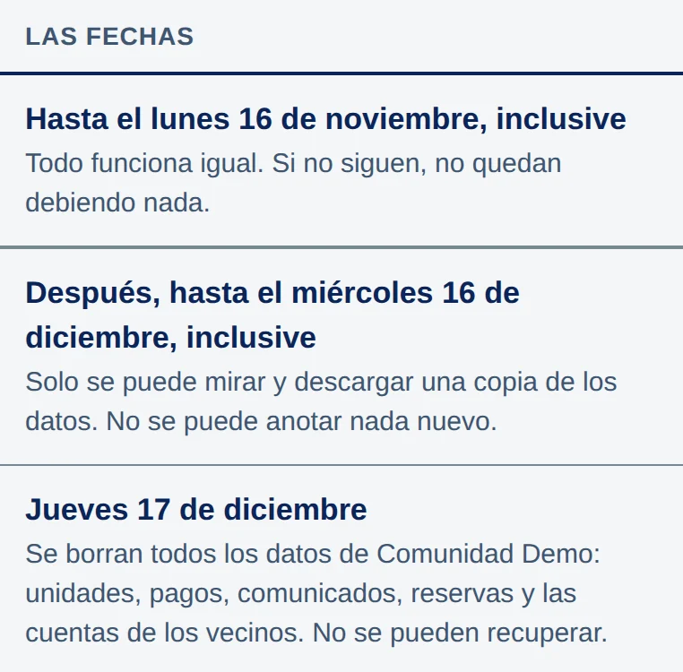 Las fechas: Hasta el lunes 16 de noviembre, inclusive, todo funciona igual; Después, hasta el miércoles 16 de diciembre, inclusive, solo se puede mirar; Jueves 17 de diciembre, se borran todos los datos.