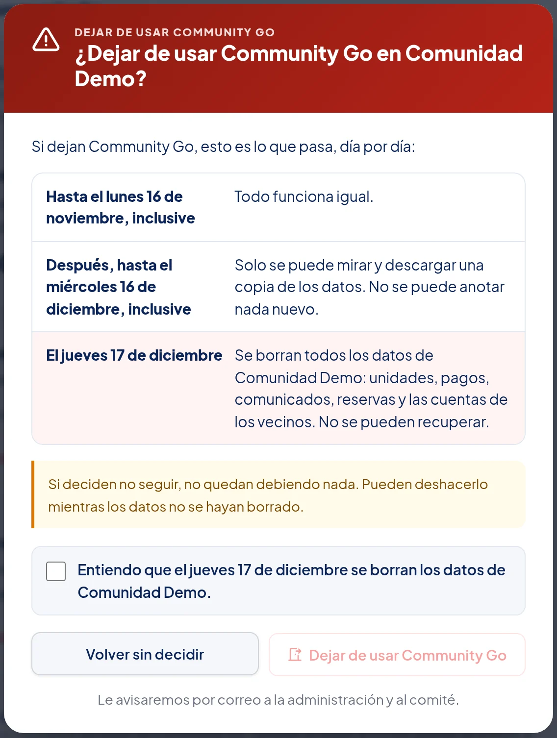 Ventana ¿Dejar de usar Community Go en Comunidad Demo?: Hasta el lunes 16 de noviembre, inclusive, todo funciona igual; después, hasta el miércoles 16 de diciembre, inclusive, solo se puede mirar y descargar; el jueves 17 de diciembre se borran todos los datos.
