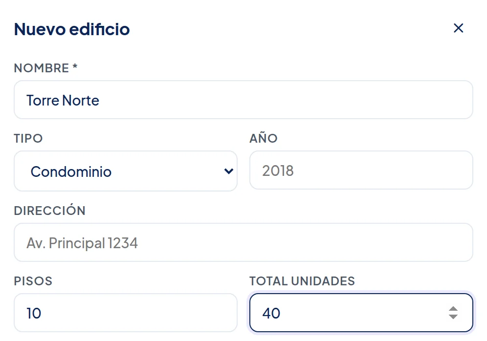 Ventana Nuevo edificio: Nombre Torre Norte, Tipo, Año, Dirección, Pisos 10 y Total unidades 40.