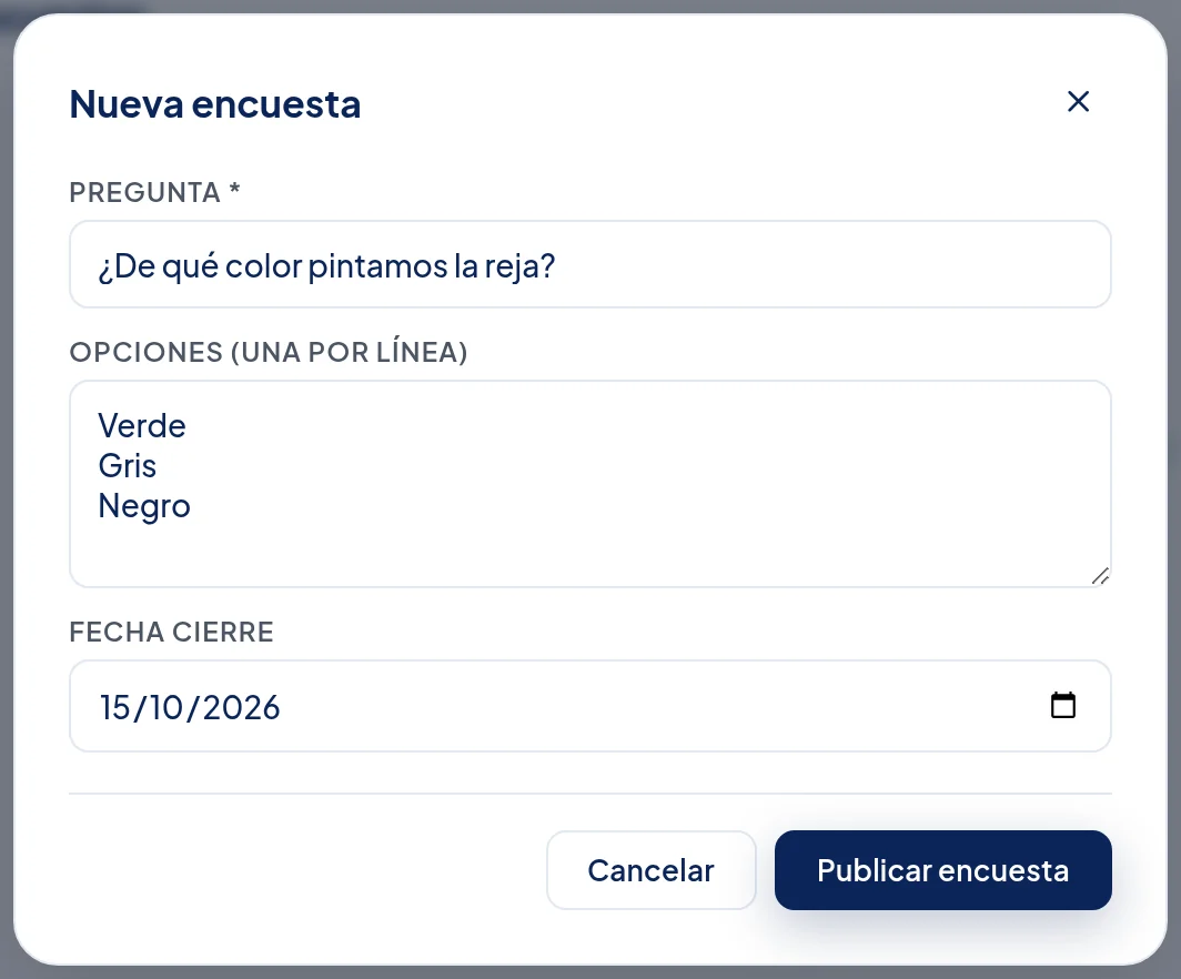 Ventana Nueva encuesta: Pregunta ¿De qué color pintamos la reja?, Opciones Verde, Gris y Negro, Fecha cierre.