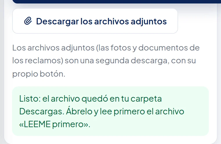 En el navegador del teléfono, el recuadro verde: Listo: el archivo quedó en tu carpeta Descargas. Ábrelo y lee primero el archivo «LEEME primero».