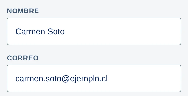 Invitar a alguien: Nombre Carmen Soto, Correo carmen.soto@ejemplo.cl.