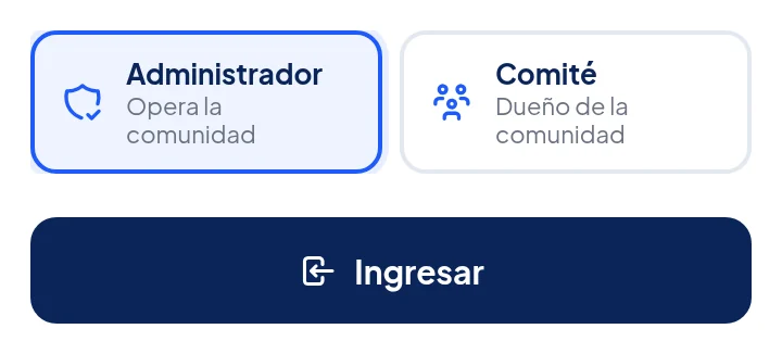 Opciones Administrador y Comité, y debajo el botón azul Ingresar.