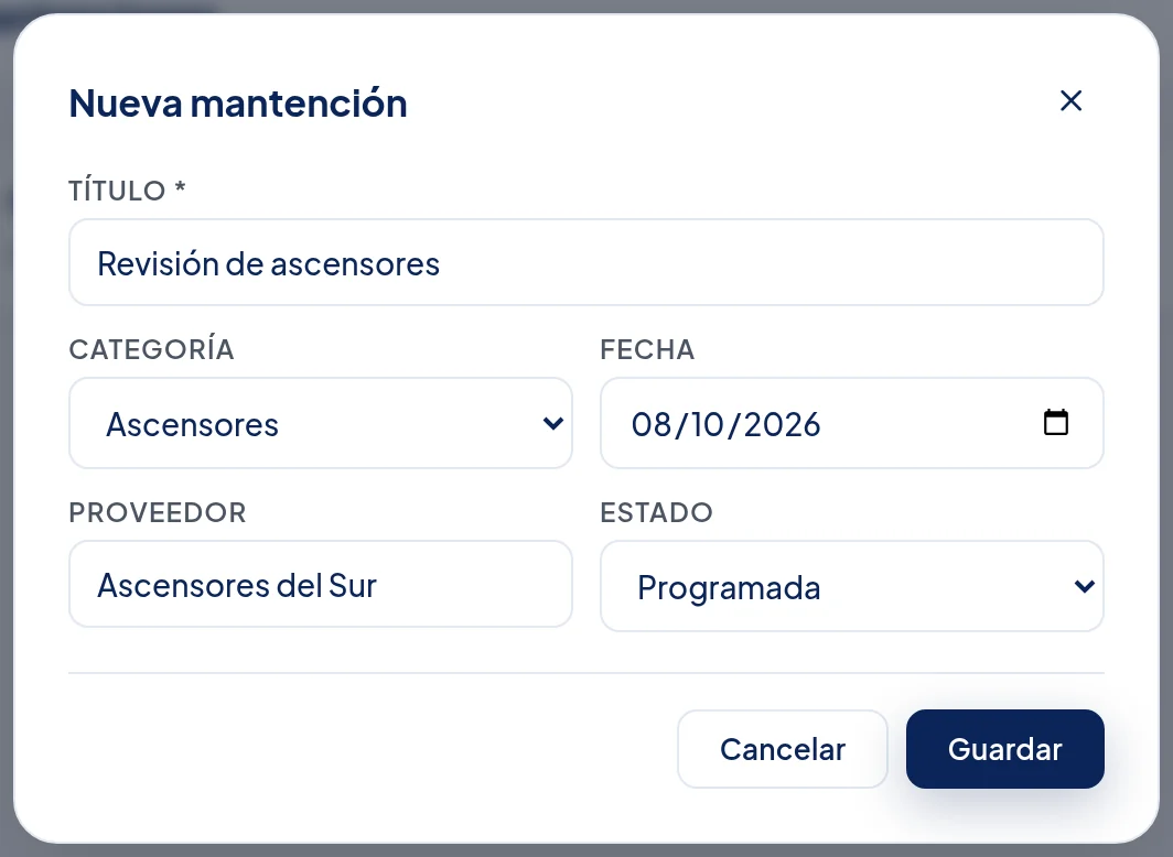 Ventana Nueva mantención: Título Revisión de ascensores, Categoría Ascensores, Fecha, Proveedor Ascensores del Sur, Estado Programada.