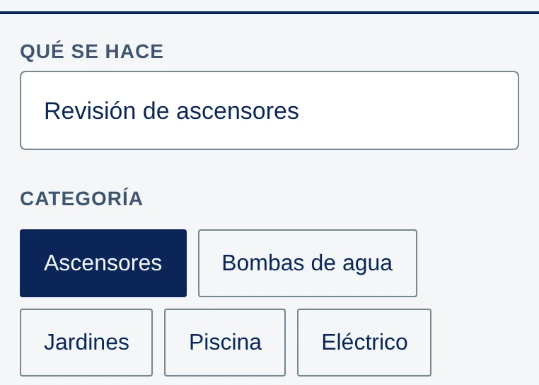 Qué se hace: Revisión de ascensores. Categoría: Ascensores (marcada), Bombas de agua, Jardines, Piscina, Eléctrico…