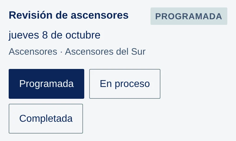 Revisión de ascensores, Programada, jueves 8 de octubre, Ascensores · Ascensores del Sur; botones Programada, En proceso y Completada.