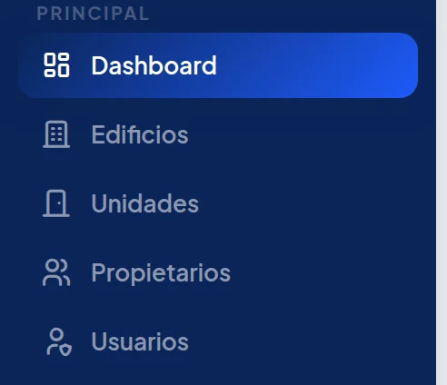 Menú de la izquierda, grupo Principal: Edificios, Unidades, Propietarios y Usuarios.