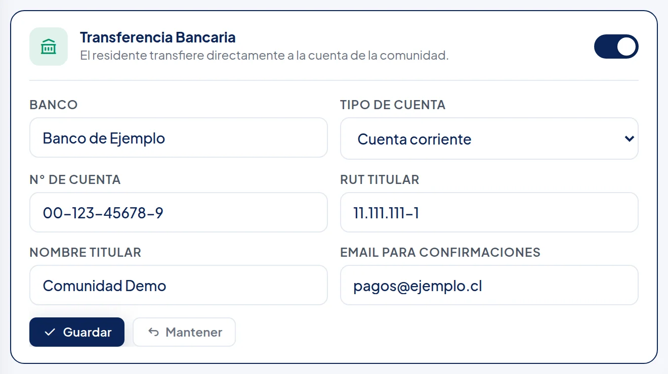 Transferencia Bancaria abierta: Banco de Ejemplo, Cuenta corriente, N° de cuenta 00-123-45678-9, RUT titular 11.111.111-1, Nombre titular Comunidad Demo, Email pagos@ejemplo.cl, y los botones Guardar y Mantener.