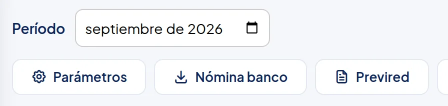 Nómina y Sueldos: Período, y los botones Parámetros, Nómina banco y Previred.