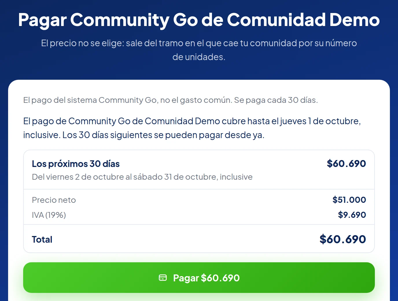 Página Pagar Community Go de Comunidad Demo: Los próximos 30 días, del viernes 2 de octubre al sábado 31 de octubre, inclusive, $60.690. Debajo: Precio neto $51.000, IVA (19%) $9.690, Total $60.690, y el botón verde Pagar $60.690.