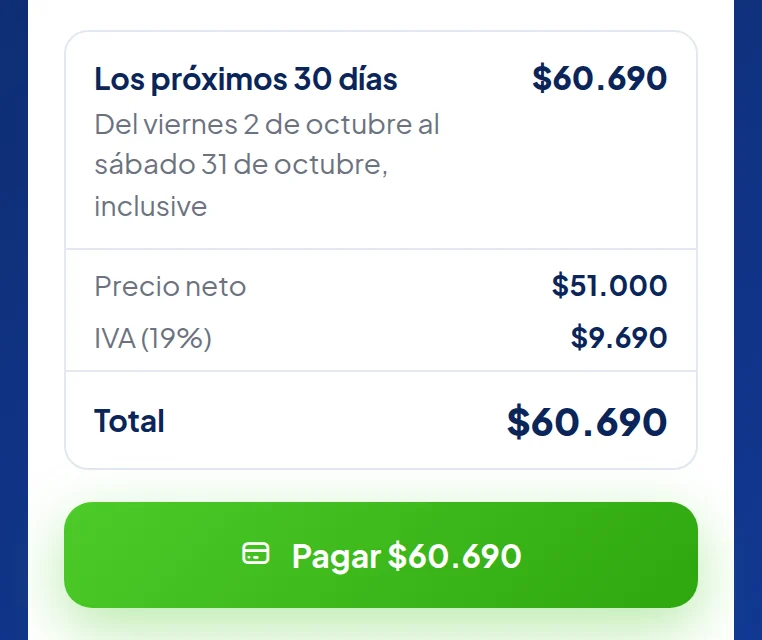 La misma página en el navegador del teléfono: Los próximos 30 días $60.690; Precio neto $51.000, IVA (19%) $9.690, Total $60.690; y el botón Pagar $60.690.