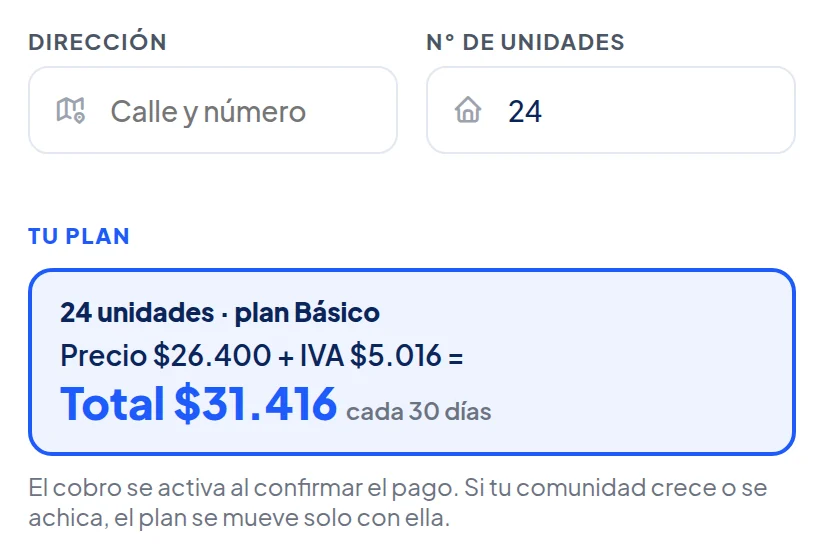 N° de unidades 24 y, debajo, Tu plan: 24 unidades · plan Básico. Precio $26.400 + IVA $5.016 = Total $31.416 cada 30 días. El cobro se activa al confirmar el pago.