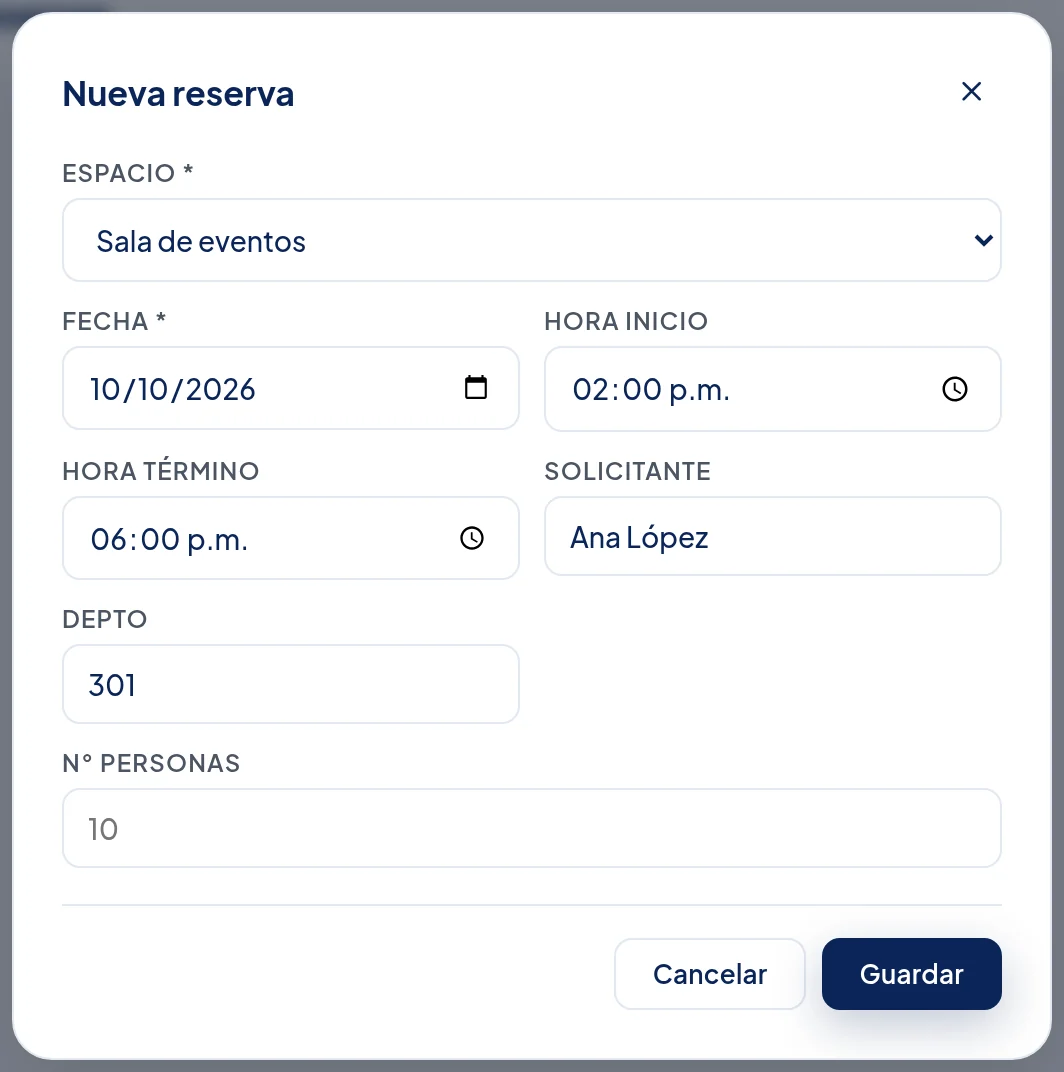 Ventana de la reserva: Espacio, Fecha, Solicitante Ana López, Depto 301, y el botón Guardar.