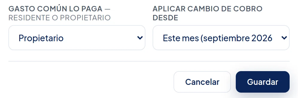 Campos Gasto común lo paga, con Propietario, y Aplicar cambio de cobro desde, con Este mes (septiembre 2026); abajo, los botones Cancelar y Guardar.