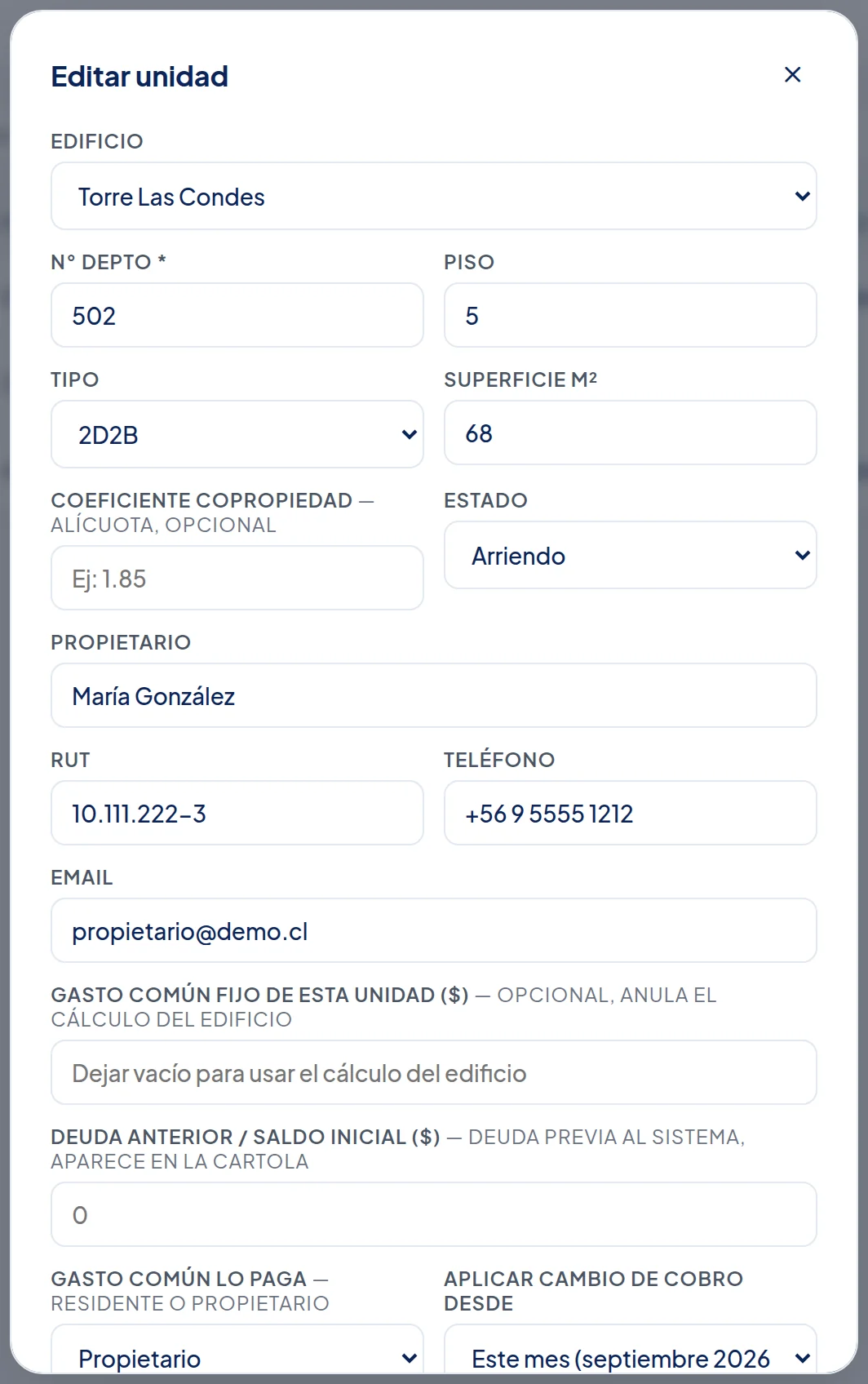 Ventana Editar unidad: Edificio, N° Depto 502, Piso, Tipo, Superficie, Coeficiente, Estado Arriendo, Propietario María González, RUT, Teléfono, Email.