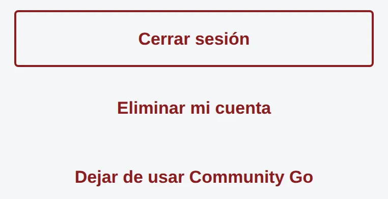 Final de la pestaña Cuenta: botón Cerrar sesión y, debajo, Eliminar mi cuenta y Dejar de usar Community Go.