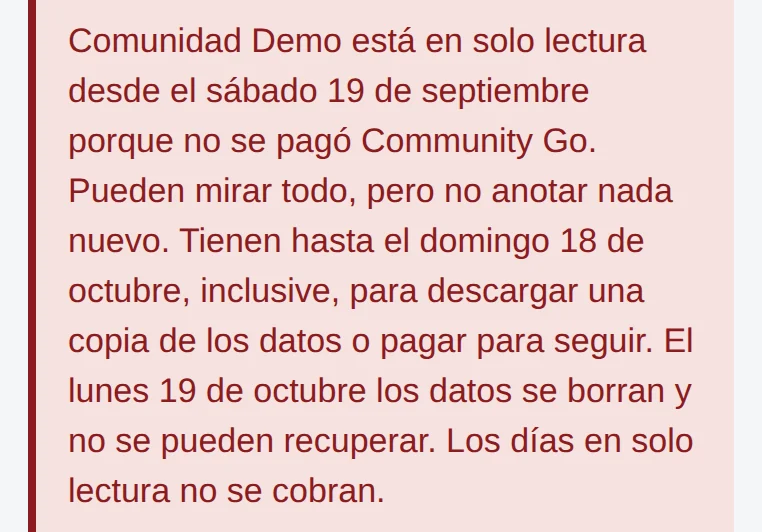App, pestaña Cobranza: recuadro rojo con el mismo texto de solo lectura.