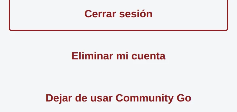 Final de la pestaña Cuenta: Cerrar sesión, Eliminar mi cuenta y Dejar de usar Community Go.