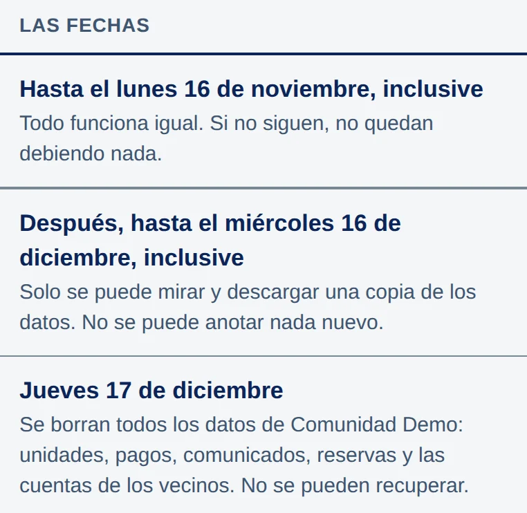App, pantalla Dejar de usar Community Go, sección Las fechas, con las mismas tres filas.