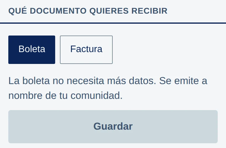 App: Qué documento quieres recibir, con Boleta y Factura, y el botón Guardar.