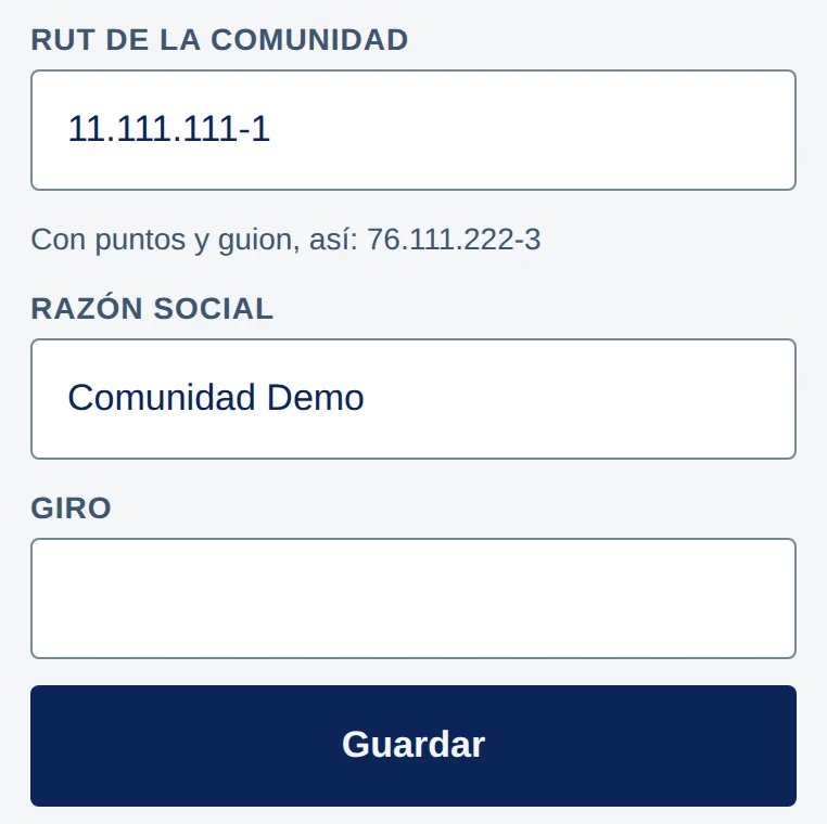 App: RUT de la comunidad, Razón social, Giro y Guardar.