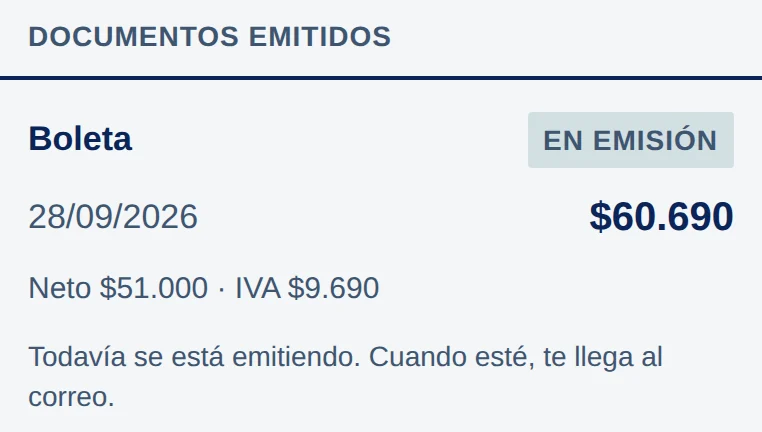 App, Documentos emitidos: Boleta, En emisión, 28/09/2026, $60.690, Neto $51.000 · IVA $9.690, Todavía se está emitiendo. Cuando esté, te llega al correo.
