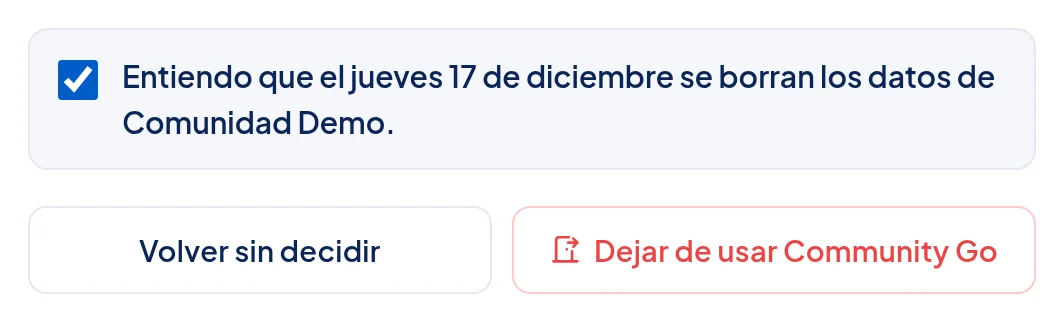 Casilla marcada Entiendo que el jueves 17 de diciembre se borran los datos de Comunidad Demo, y los botones Volver sin decidir y Dejar de usar Community Go.