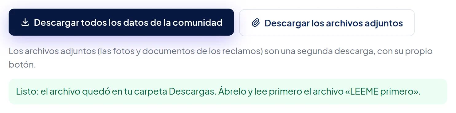 Mensaje verde bajo los botones: Listo: el archivo quedó en tu carpeta Descargas. Ábrelo y lee primero el archivo «LEEME primero».
