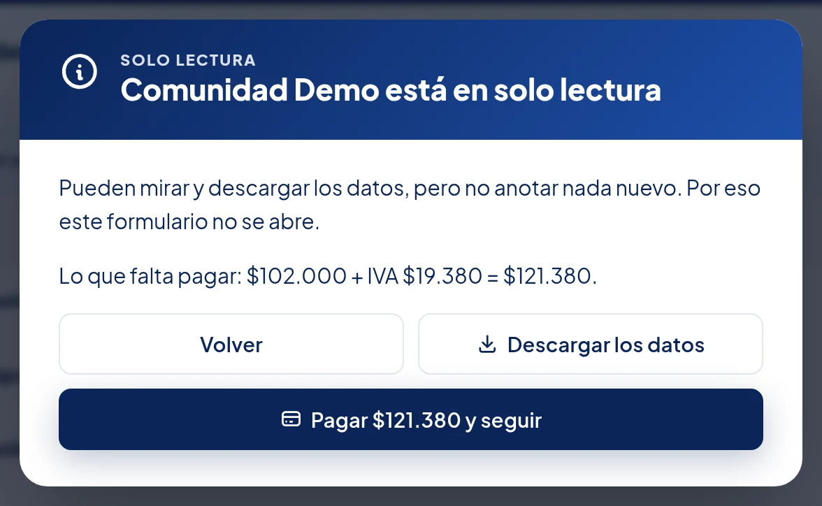 Ventana Solo lectura: Comunidad Demo está en solo lectura. Pueden mirar y descargar los datos, pero no anotar nada nuevo. Por eso este formulario no se abre. Lo que falta pagar: $102.000 + IVA $19.380 = $121.380. Botones Volver, Descargar los datos y Pagar $121.380 y seguir.