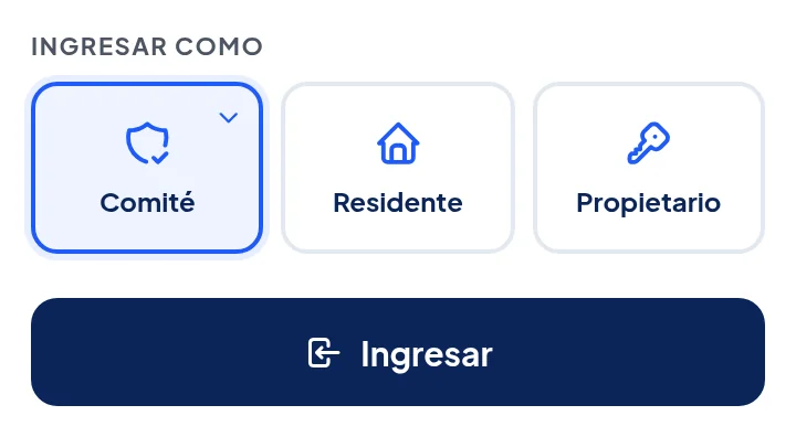 Ingresar como: el primer botón ahora dice Comité. Abajo, el botón azul Ingresar.