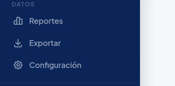Final del menú azul: sección Datos con Reportes, Exportar y Configuración.