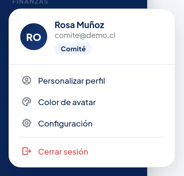 Menú que se abre al tocar tu nombre: Rosa Muñoz, comite@demo.cl, la insignia Comité, y las opciones Personalizar perfil, Color de avatar, Configuración y Cerrar sesión.