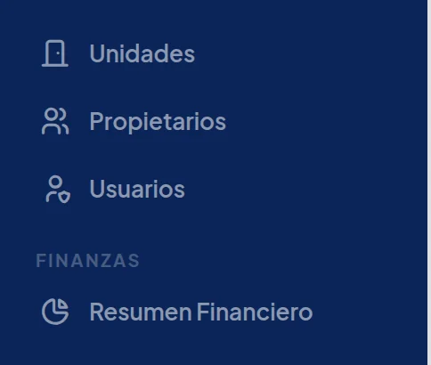 Menú azul de la izquierda, sección Principal: Dashboard, Edificios, Unidades, Propietarios, Usuarios. Más abajo, Finanzas.