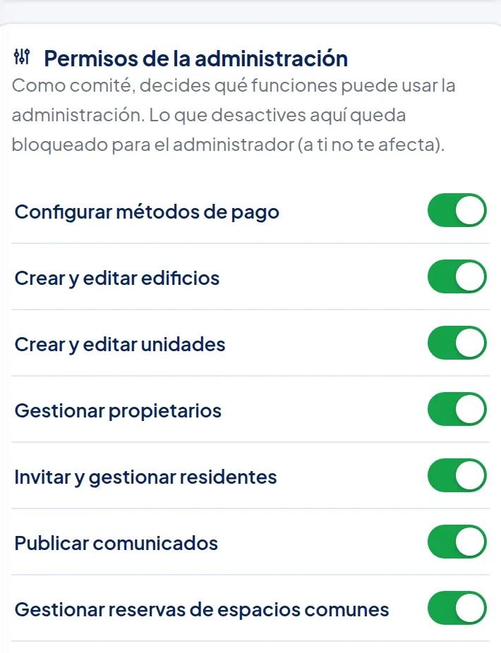 El mismo recuadro en el teléfono: Permisos de la administración, la explicación y los interruptores verdes, de Configurar métodos de pago a Gestionar reservas de espacios comunes.