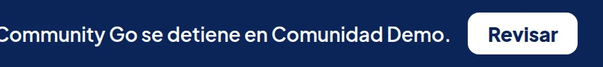 Parte derecha de la franja azul de arriba: …Community Go se detiene en Comunidad Demo. Botón Revisar.