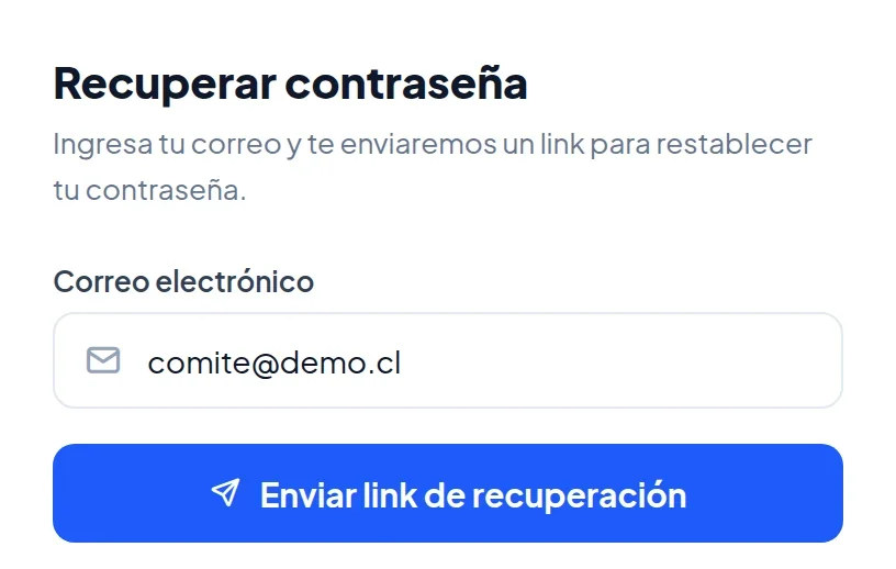 Página Recuperar contraseña: Ingresa tu correo y te enviaremos un link para restablecer tu contraseña. Campo Correo electrónico y botón Enviar link de recuperación.