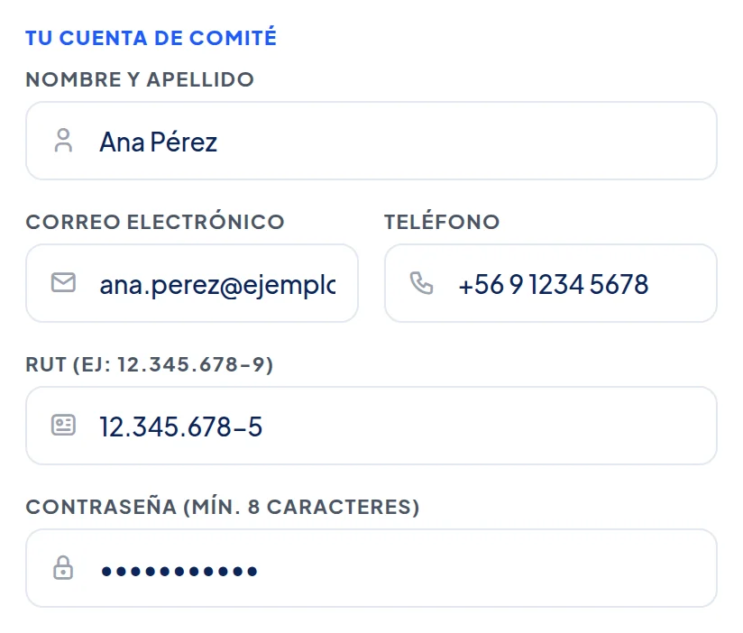 Tu cuenta de comité: Nombre y apellido Ana Pérez, Correo electrónico ana.perez@ejemplo.cl, Teléfono, RUT y Contraseña.