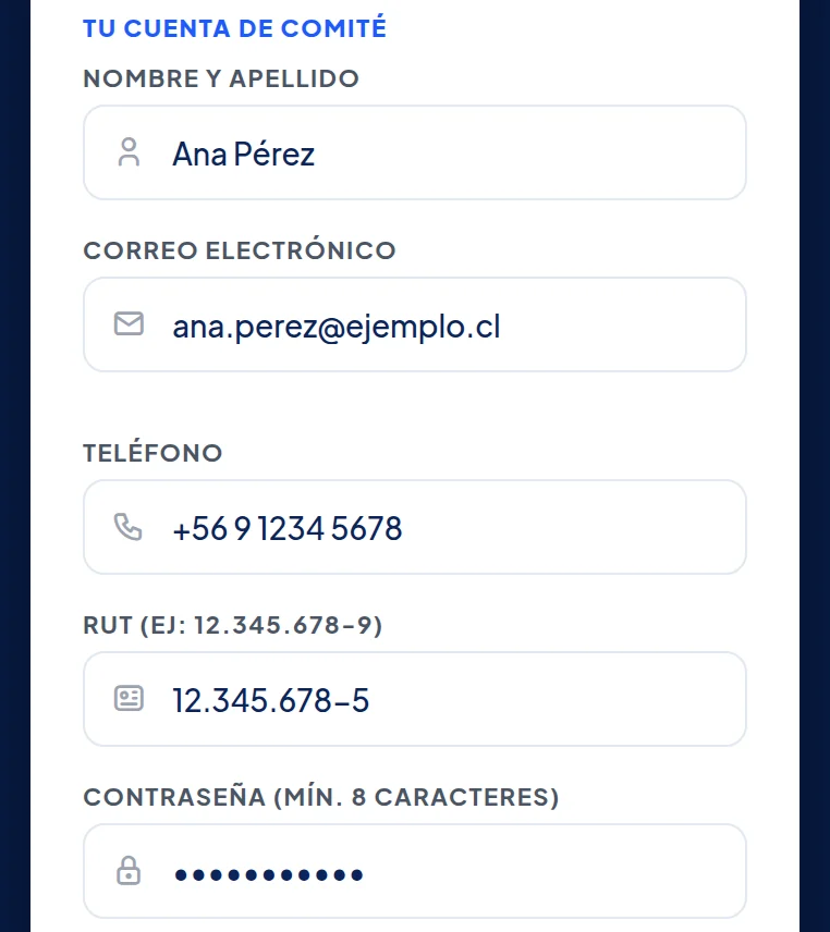 Los mismos campos en el teléfono.
