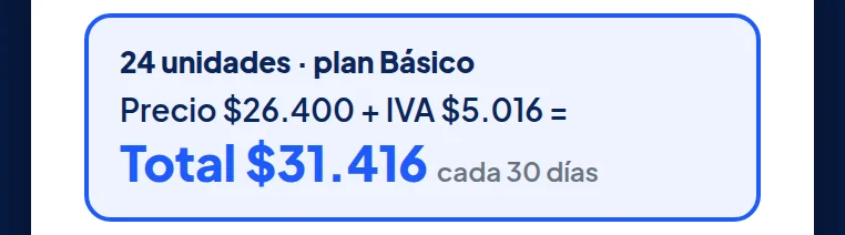 El mismo recuadro en el teléfono: Precio $26.400 + IVA $5.016 = Total $31.416 cada 30 días.