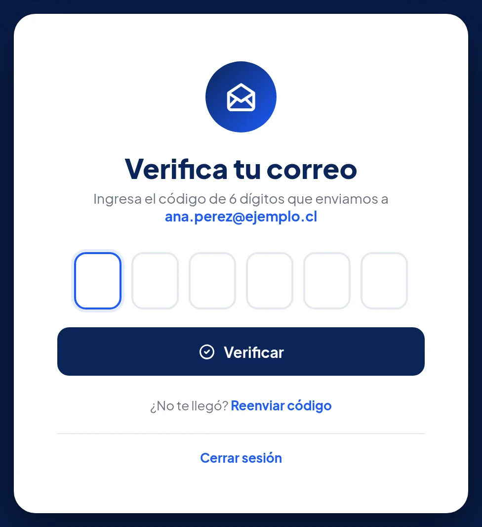 Página Verifica tu correo: Ingresa el código de 6 dígitos que enviamos a ana.perez@ejemplo.cl, seis casillas vacías, el botón Verificar y abajo ¿No te llegó? Reenviar código.