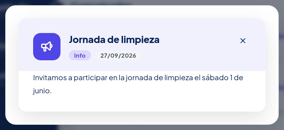 Ventana con el comunicado Jornada de limpieza abierto y una X arriba a la derecha.