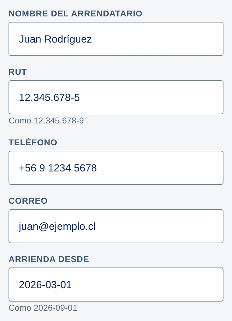 Campos Nombre del arrendatario Juan Rodríguez, RUT 12.345.678-5, Teléfono, Correo y Arrienda desde 2026-03-01, con las ayudas Como 12.345.678-9 y Como 2026-09-01.