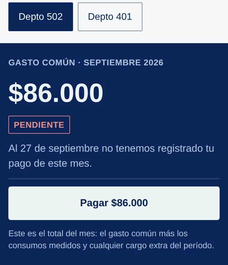 Arriba de Inicio: botones Depto 502 (elegido) y Depto 401.