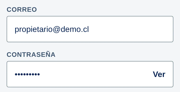 Campos Correo, con propietario@demo.cl, y Contraseña, con puntitos y el botón Ver.